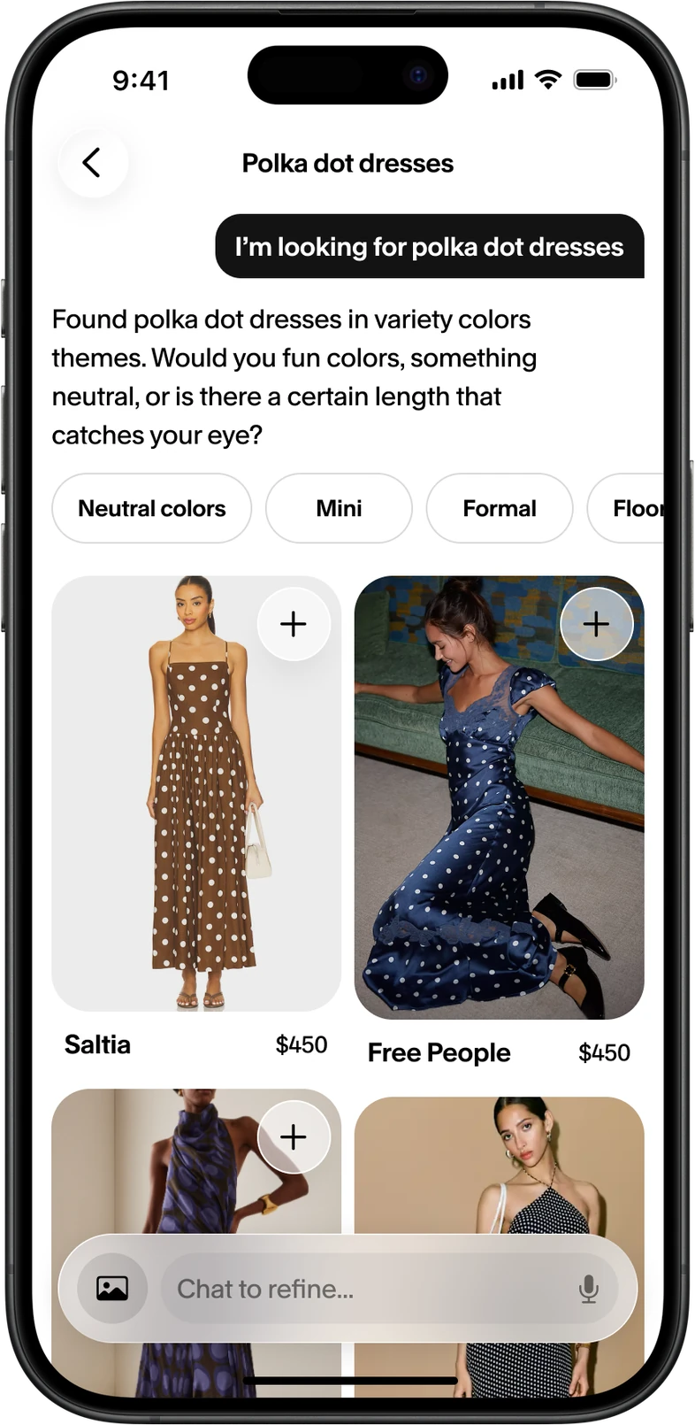 iOS: agent message, refinement chips, and products on one plane