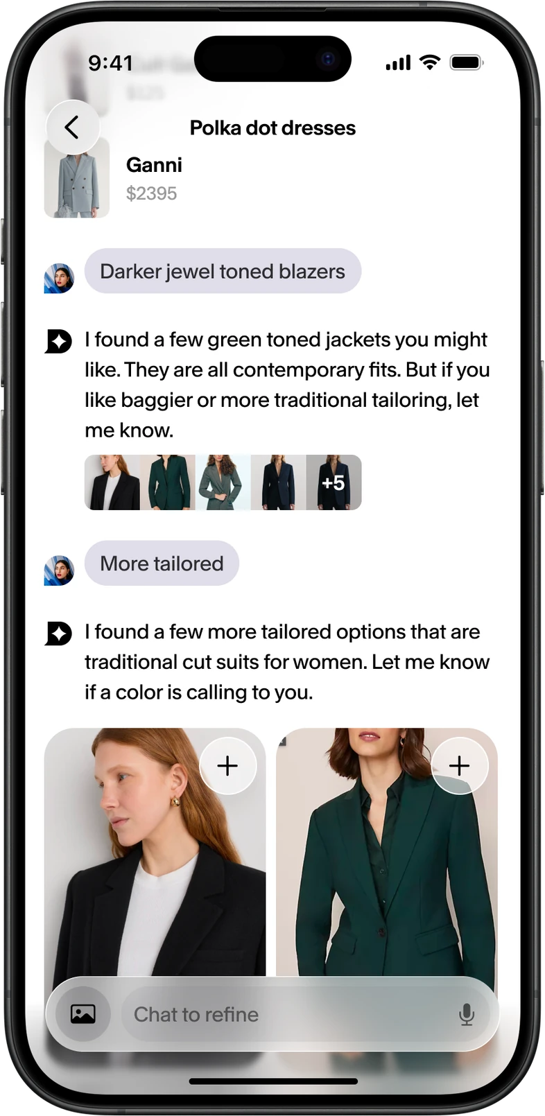 iOS: conversation thread with product previews and results in one plane