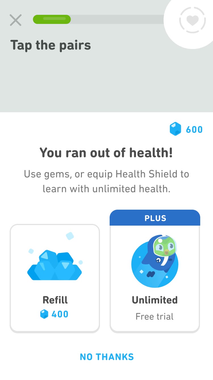Out of health with 600 gems: refill for 400 gems or start a Plus free trial