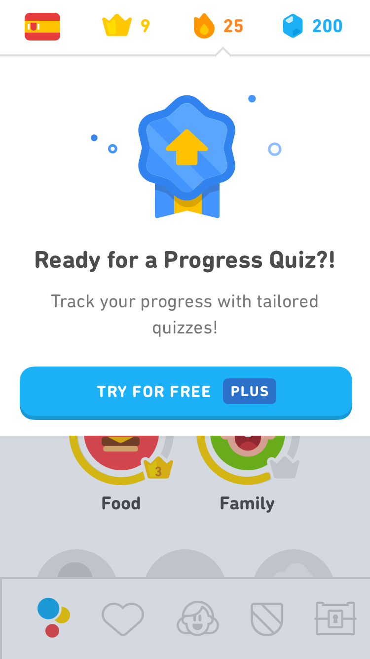 Progress Quiz promotion on the home screen with a Try for Free button
