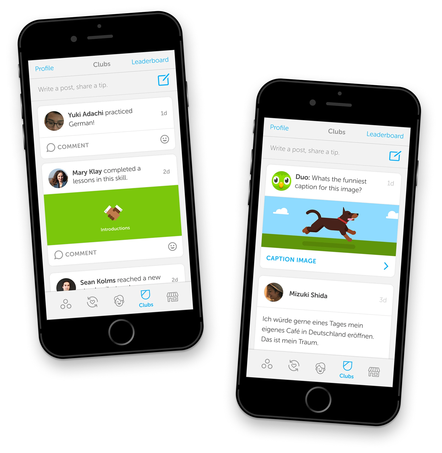 Two Clubs feeds side by side: passive activity updates and an active caption prompt from Duo