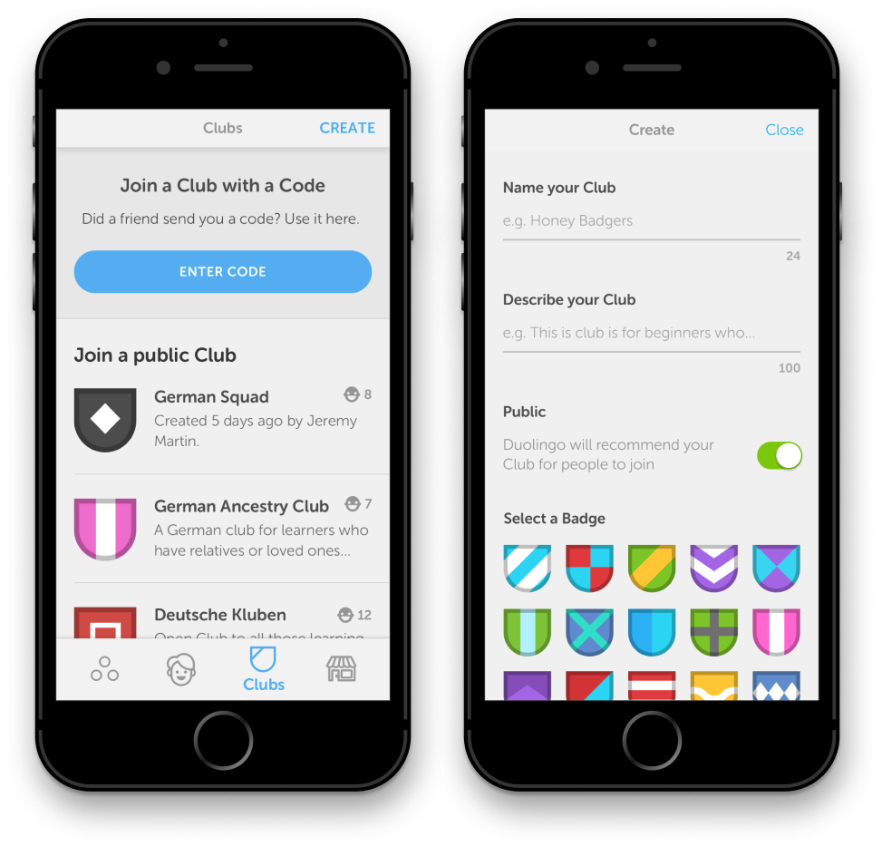 The public Clubs list and the Create a Club screen