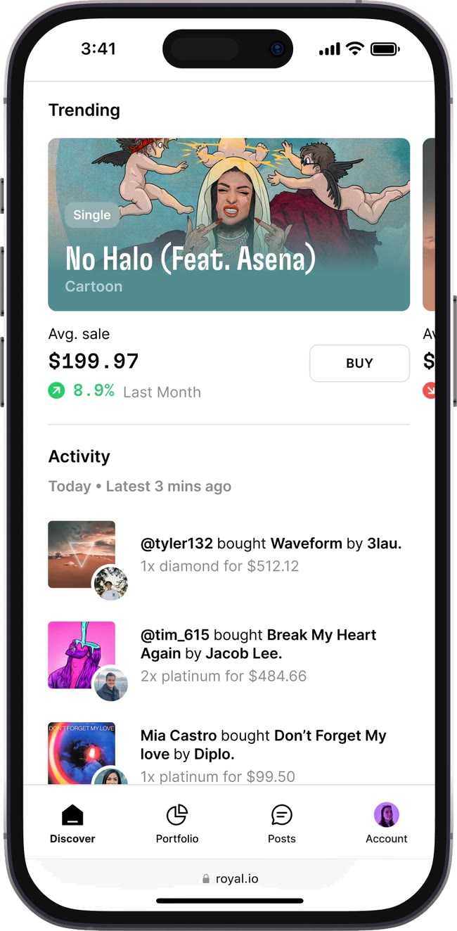 Discover: trending music rights with average sale prices and live activity
