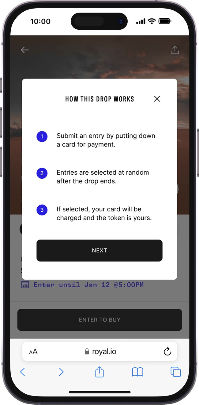 How this drop works: submit an entry with a card, entries are picked at random, and selected cards are charged