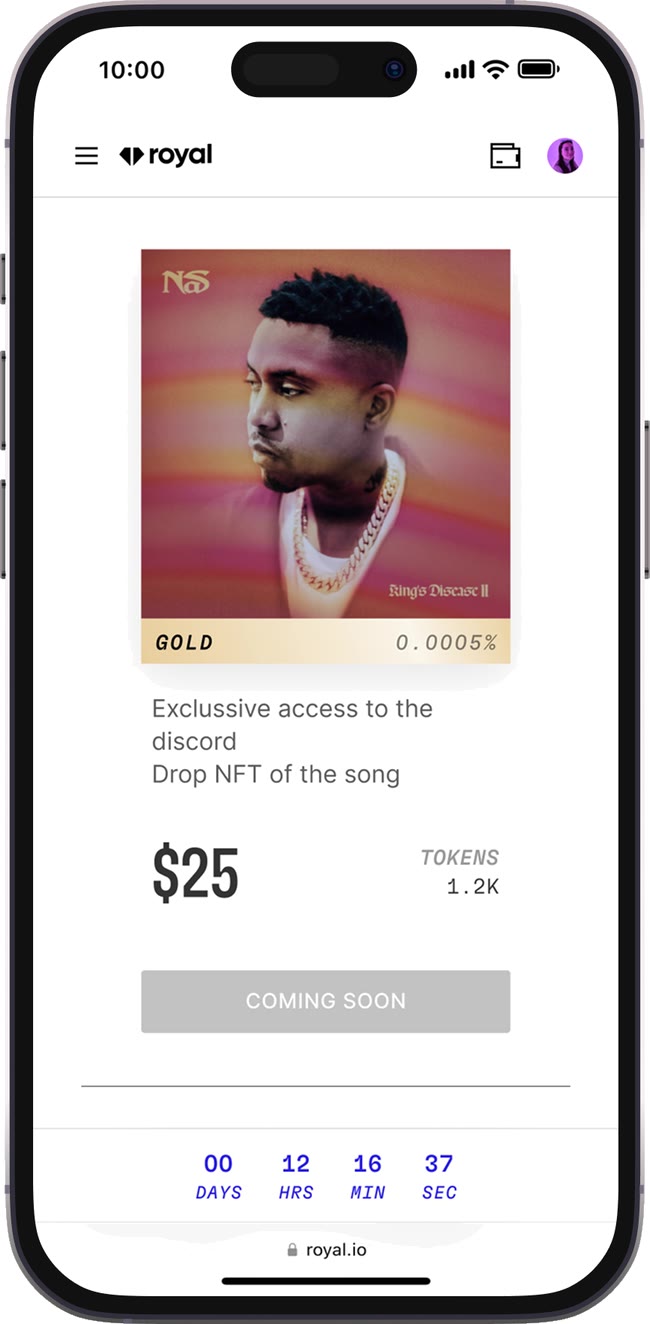 The Nas Gold token at $25 before the drop: Coming soon, with a countdown
