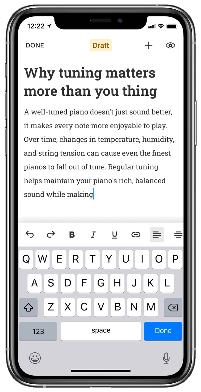 Focus Mode: a blog draft as plain text with a simple formatting bar