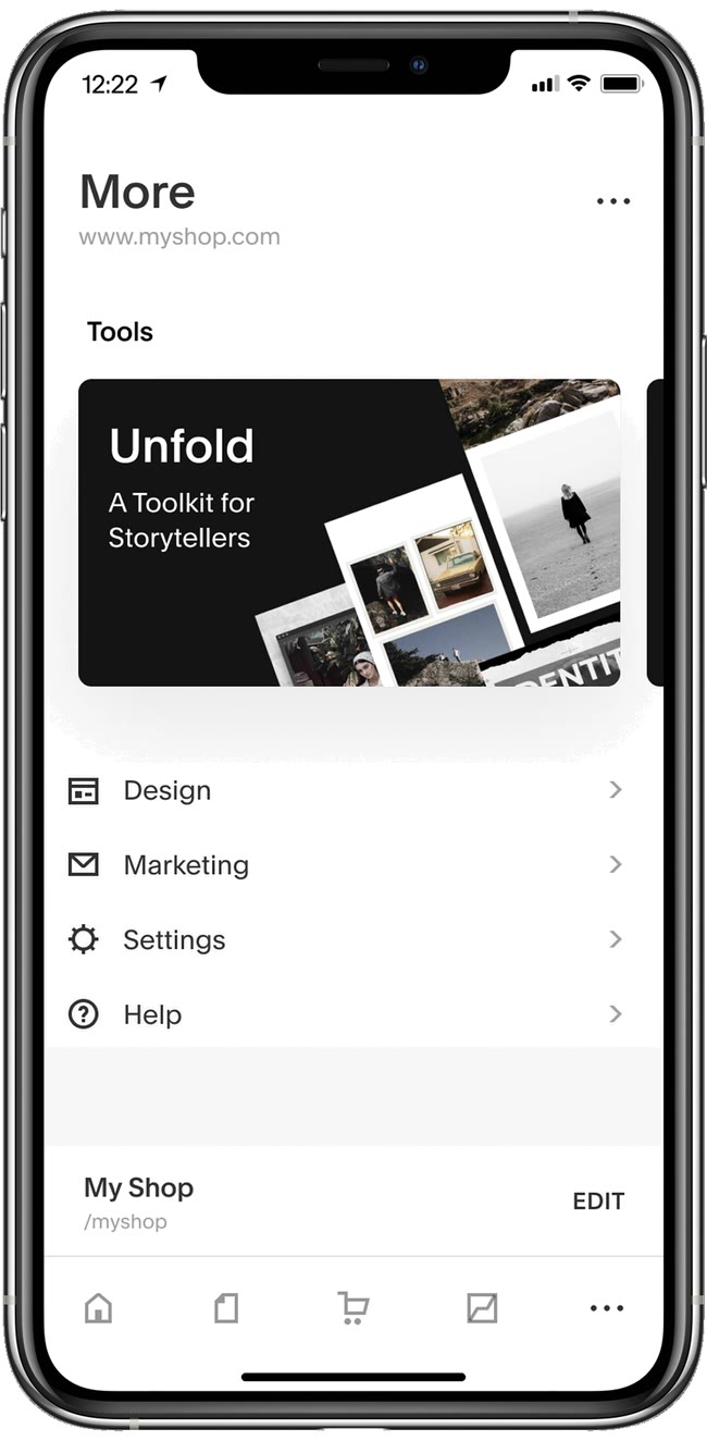 More tab with tools, design, marketing, and settings