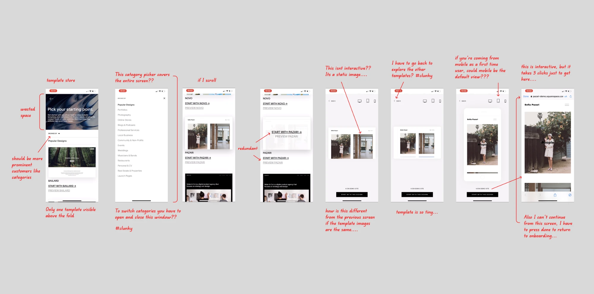 My annotated audit of the mobile onboarding flow, screen by screen